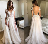 promnova.com|High Side Split V Neck Lace Appliqued Sheer Bohemian Wedding Dress