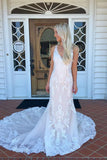 Gorgeous Mermaid V neck Lace Long Wedding Dress with Sweep Train PW225