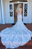 Gorgeous Mermaid V neck Lace Long Wedding Dress with Sweep Train|promnova.com