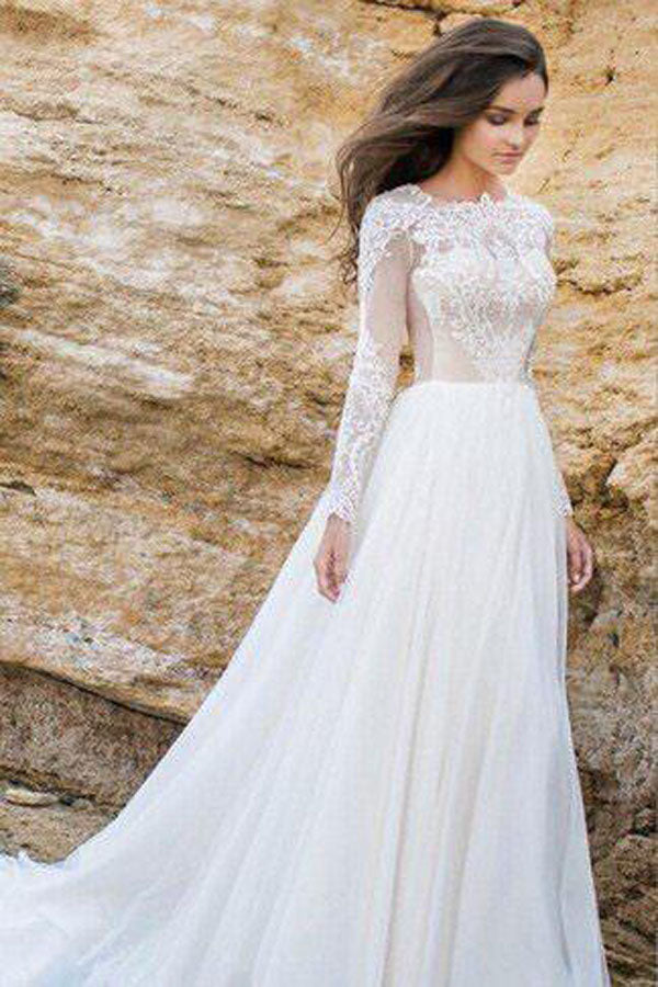 Gorgeous Lace Chiffon A line Simple Long Sleeves Beach Wedding Dresses Promnova