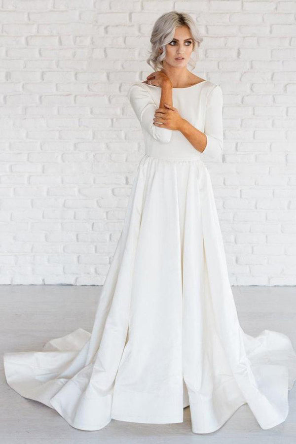 White Simple A-line Satin 3/4 Sleeve Backless Wedding Dresses With Sweep  Train – Promnova