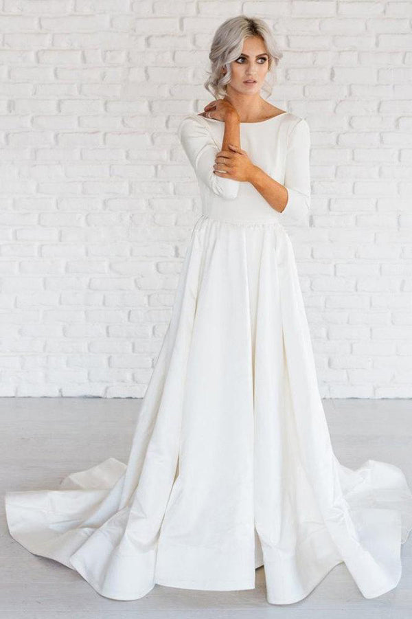 White Simple A-Line Satin 3/4 Sleeve Backless Wedding Dresses with Sweep Train US6 / Custom Color White Simple A-Line Satin 3/4 Sleeve Backless Wedding Dresses with Sweep Train US6 / Custom Color