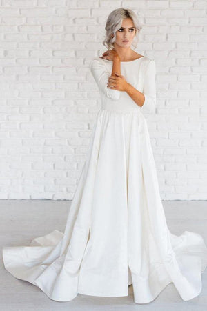 White Simple A-line Satin 3/4 Sleeve Backless Wedding Dresses With Sweep Train PW230