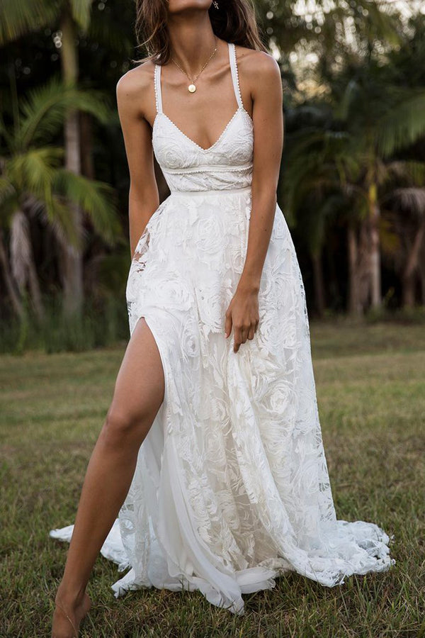 Charming A-line Lace Spaghetti Straps Split Ivory Long Beach Wedding Dress PW232