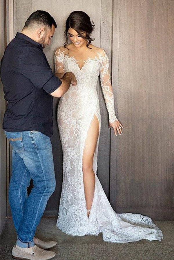 Gorgeous Sheath Column Sweep Brush Wedding Dresses Train Slit Bridal Gown, PW233 US0 / Custom Color Gorgeous Sheath Column Sweep Brush Wedding Dresses Train Slit Bridal Gown, PW233 US0 / Custom Color