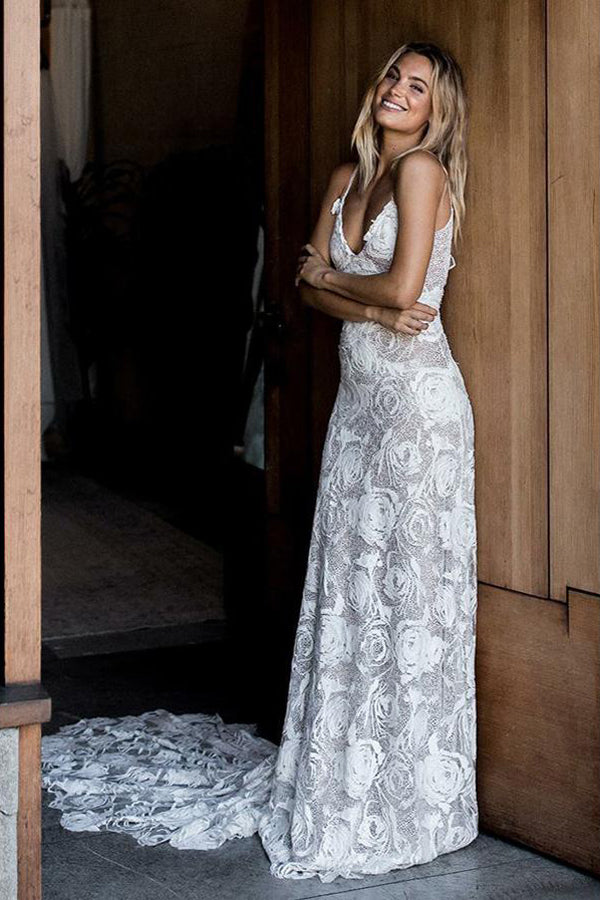 Chic Rose Lace Sheath Column Wedding Dresses Bridal Gown With Sweep Train, PW234 US10 / As Picture Chic Rose Lace Sheath Column Wedding Dresses Bridal Gown With Sweep Train, PW234 US10 / As Picture