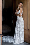 Chic Rose Lace Sheath Column Wedding Dresses Bridal Gown With Sweep Train, PW234