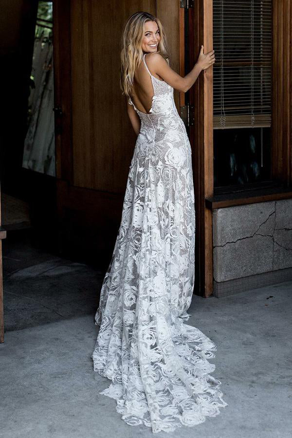 Chic Rose Lace Sheath Column Wedding Dresses Bridal Gown With Sweep Train from promnova.com