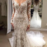 Romantic Lace Mermaid Long Appliques Backless Long Sleeves Ivory Wedding Dresses |promnova.com