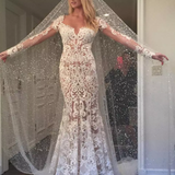 Romantic Lace Mermaid Long Appliques Backless Long Sleeves Ivory Wedding Dresses |www.promnova.com