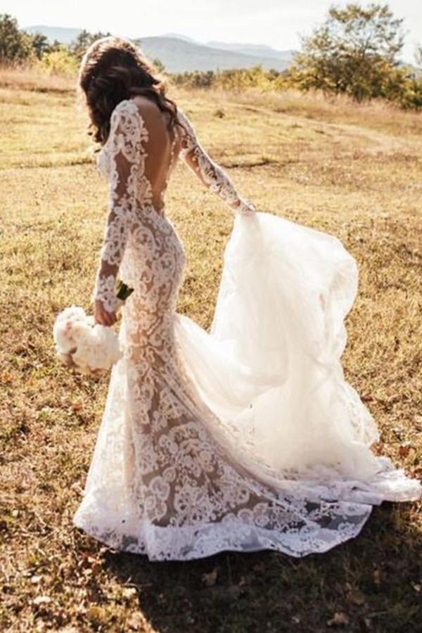Romantic Lace Mermaid Long Appliques Backless Long Sleeves Ivory Wedding Dresses PW242|promnova.com