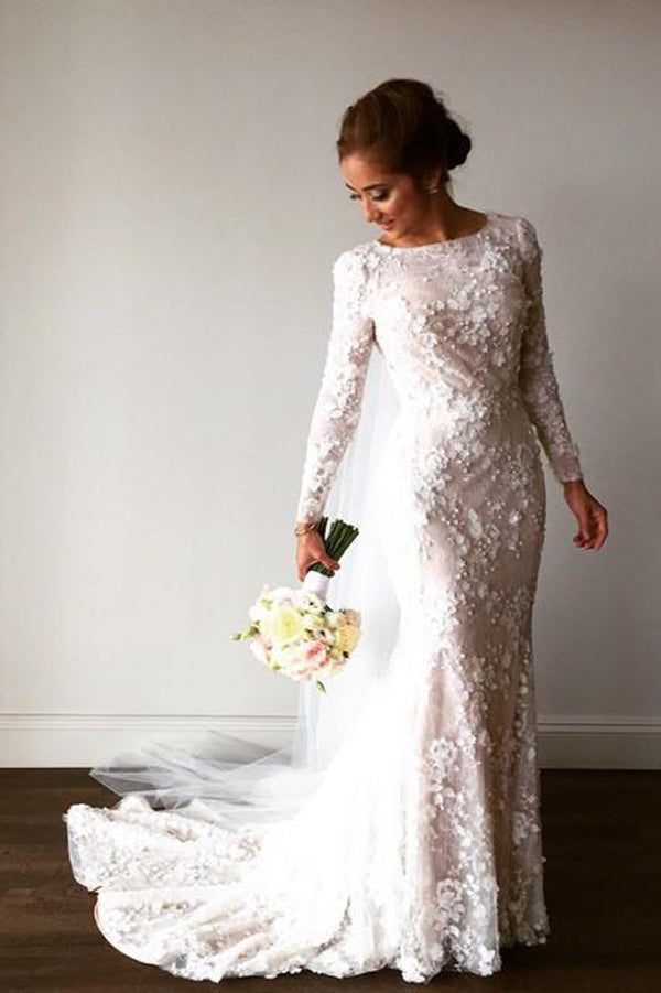 bateau long sleeve wedding dress Sheath Bateau Long Sleeves Backless Bohemian Wedding Dress WD400 US16 / White