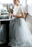 Simple Tulle Lace Two Piece Sweep Train Wedding Dresses Bridal Gown PW255
