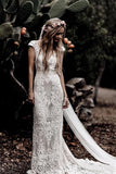 Ivory Boho Lace Sheath Cap Sleeves Wedding Dresses PW258 | ivory wedding dresses | cheap wedding dresses | vintage wedding dresses | lace wedding dresses | wedding dresses online | wedding dresses near me | Promnova.com