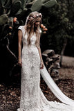 Ivory Vintage Rustic Boho Lace Sheath Cap Sleeves Wedding Dresses PW258