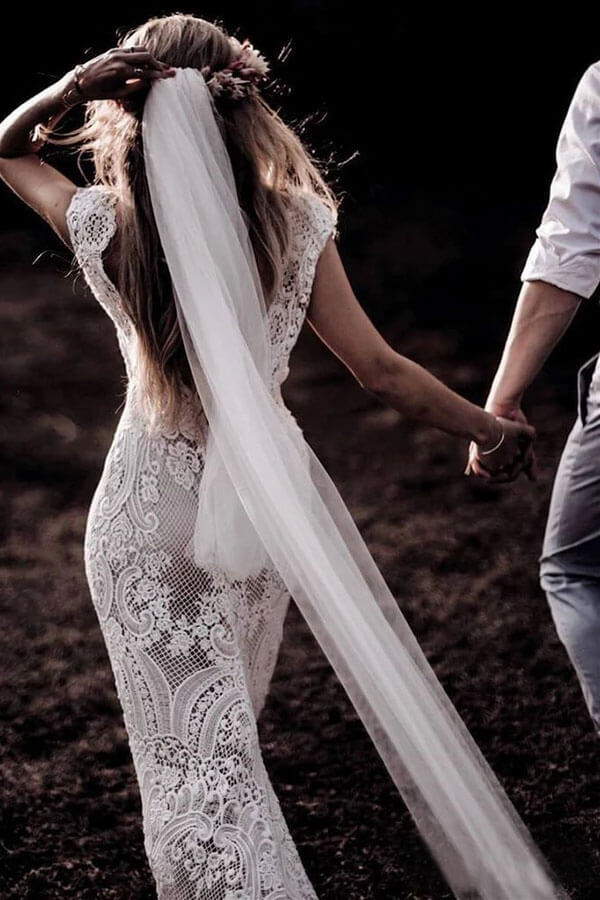 Beautiful Ivory Boho Lace Cap Sleeves Wedding Dresses PW258 | ivory wedding dresses | cheap wedding dresses | vintage wedding dresses | lace wedding dresses | wedding dresses online | wedding dresses near me | Promnova.com