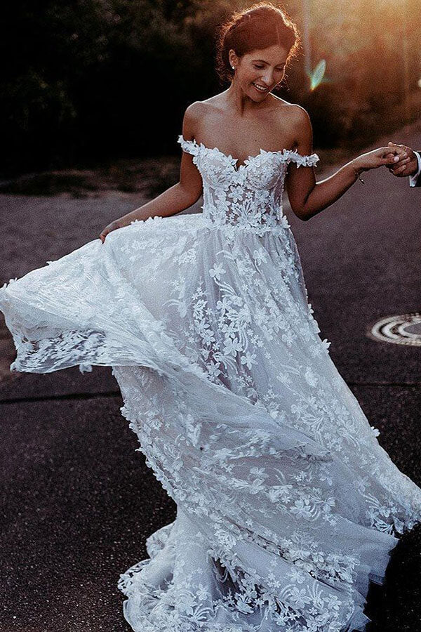 Boho Off The Shoulder Lace Flowers Beach Wedding Dress Wedding Gown US10 / As Picture Boho Off The Shoulder Lace Flowers Beach Wedding Dress Wedding Gown US10 / As Picture