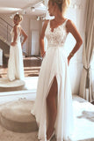 Ivory Boho Chiffon Top Lace Beach Wedding Dresses With Side Split PW261 | boho wedding dresses | cheap lace wedding dresses | chiffon wedding dresses | wedding dresses online | wedding dresses near me | lace wedding dresses | beach wedding dresses | Promnova