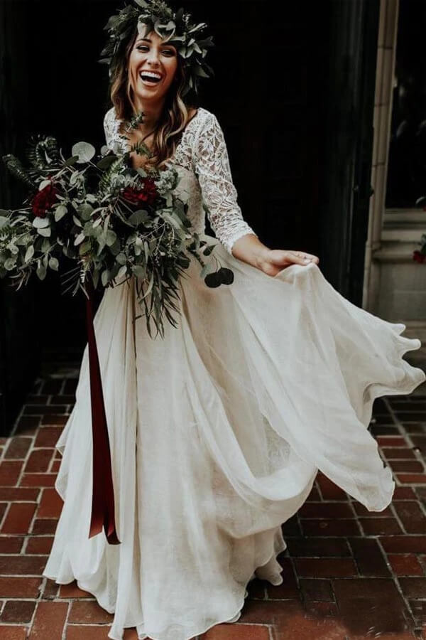 Two Piece Chiffon Lace 3/4 Sleeve Cheap Wedding Dress PW263 | Promnova Two Piece Chiffon Lace 3/4 Sleeve Cheap Wedding Dress PW263 | Promnova