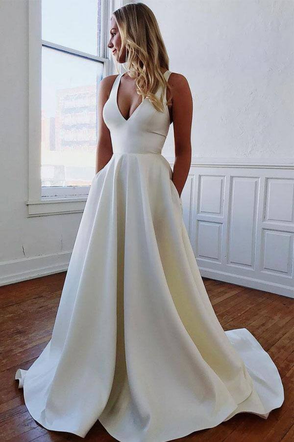 Simple Ivory Satin V Neck Wedding Dress with Bow-Knot US0 / As Picture Simple Ivory Satin V Neck Wedding Dress with Bow-Knot US0 / As Picture