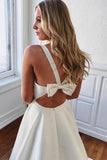 Simple Ivory Satin A Line V Neck Wedding Dresses With Bow-Knot PW264 | wedding dresses | satin wedding dresses | ivory wedding dresses | simple wedding dresses | cheap wedding dresses | bridal gowns | promnova.com