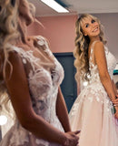 Ivory Boho Lace A-line Beach Wedding Dresses With Floral Appliques PW265 | ivory wedding dresses | cheap lace wedding dresses | bridals | promnova.com