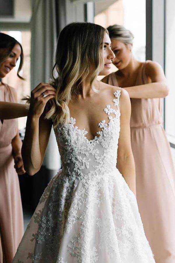 A-line Vintage Lace Wedding Gowns Illusion Neck Wedding Dress WD318 US12 / Ivory