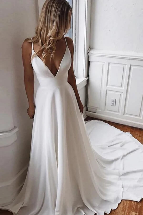 White Chiffon A Line V Neck Spaghetti Straps Lace Wedding Dresses PW270 | chiffon wedding dresses | wedding dresses | bridal gowns | simple wedding dresses | promnova.com