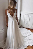 White Chiffon A Line V Neck Spaghetti Straps Lace Wedding Dresses PW270