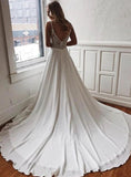White Chiffon A Line V Neck Spaghetti Straps Lace Wedding Dresses PW270 | simple wedding dresses | bridals | bridal gowns | white wedding dresses | lace wedding dresses | promnova.com