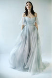 Unique Grey Blue Off Shoulder Long Prom Dresses, Wedding Dresses PW271
