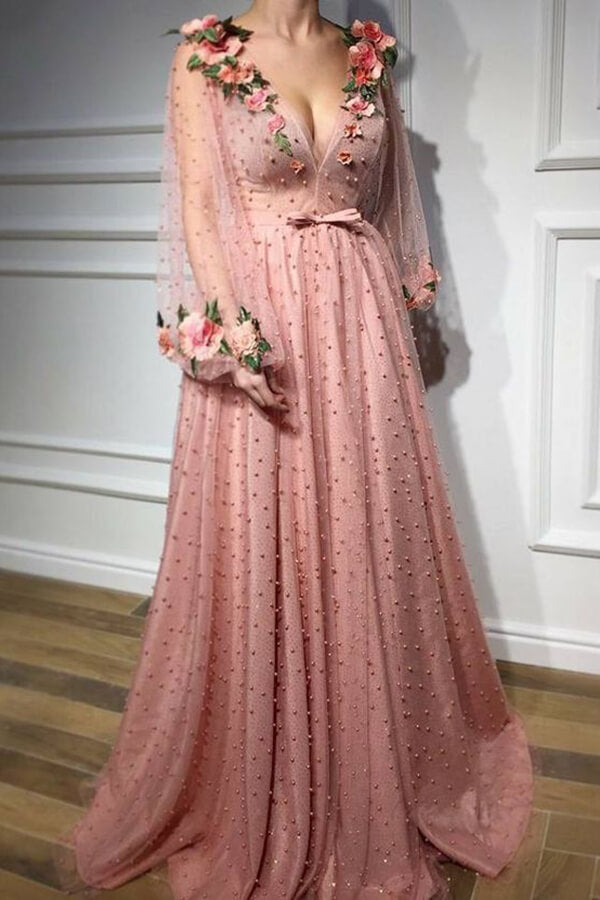 Pink A-line V-neck Long Prom Dresses With Flower PL406 | Promnova Pink A-line V-neck Long Prom Dresses With Flower PL406 | Promnova