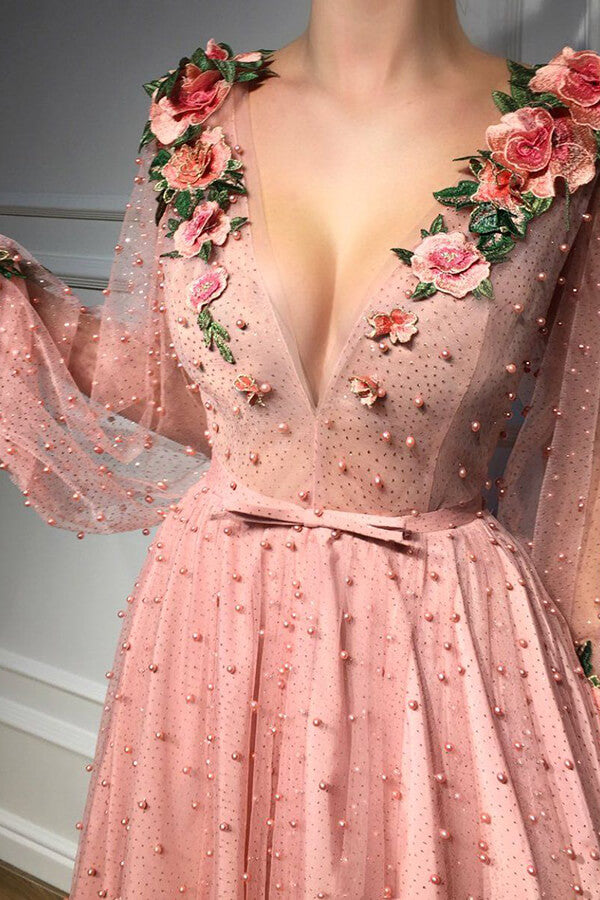 Pink A-line V-neck Long Prom Dresses With Flower PL406 | Promnova Pink A-line V-neck Long Prom Dresses With Flower PL406 | Promnova