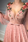 Pink A-line V-neck Long Prom Dresses, Evening Dresses With Flower PL406 | long prom dresses | prom gowns | cheap prom dresses | www.promnova.com