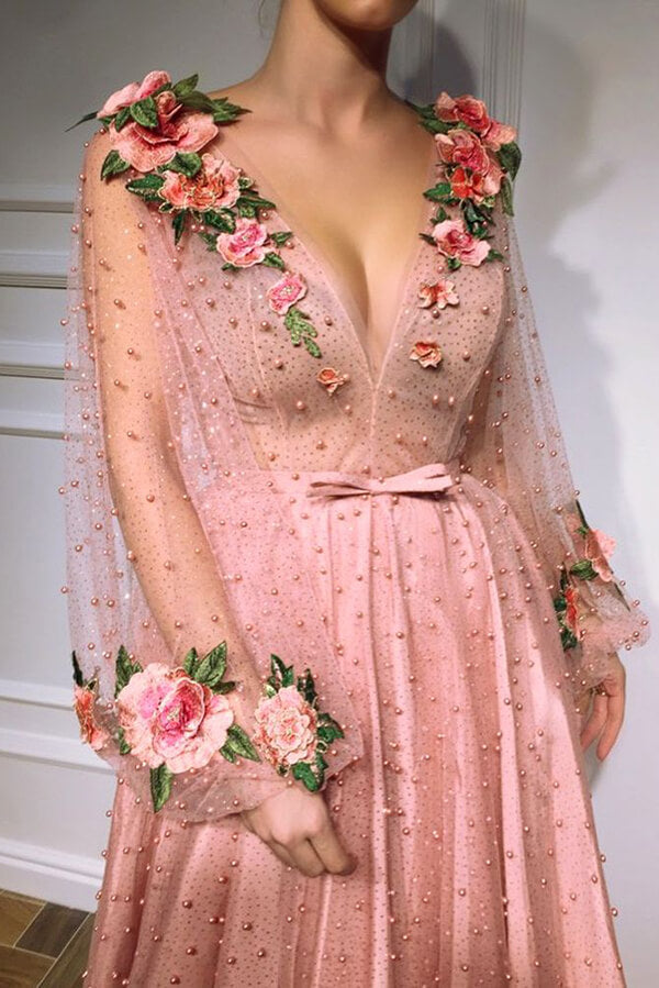 Pink A-line V-neck Long Prom Dresses With Flower PL406 | Promnova Pink A-line V-neck Long Prom Dresses With Flower PL406 | Promnova