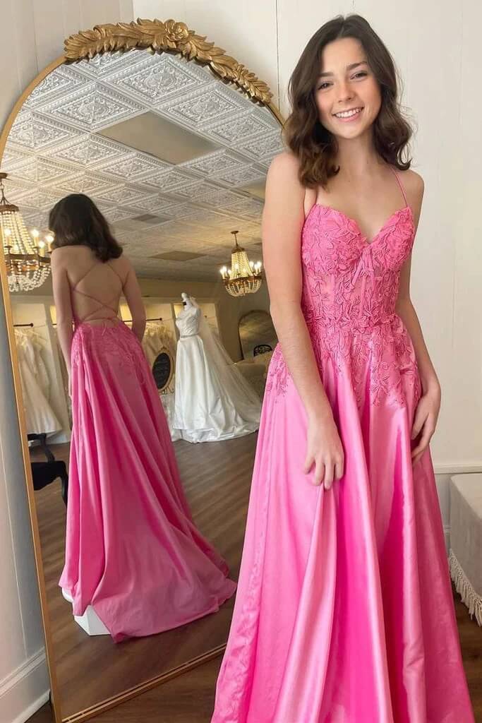 Pink A Line Long Prom Dresses with Lace Appliques PL547