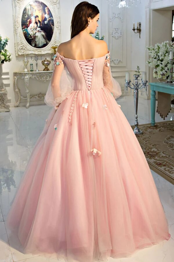 Pink Ball Gown Long Sleeves Off Shoulder Prom Dresses, Quinceanera Dress, PL421 | Promnova US0 / Custom Color Pink Ball Gown Long Sleeves Off Shoulder Prom Dresses, Quinceanera Dress, PL421 | Promnova US0 / Custom Color