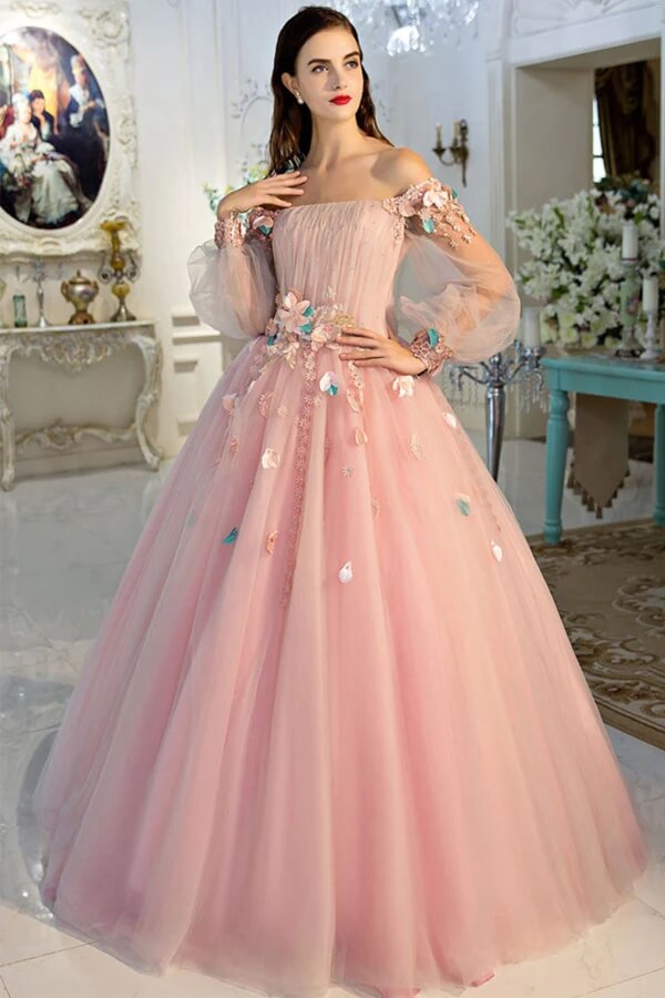 Pink Ball Gown Tulle Lace Appliques Long Sleeve Beading Wedding Dress - Na  Dhukan - Pure Desi Market