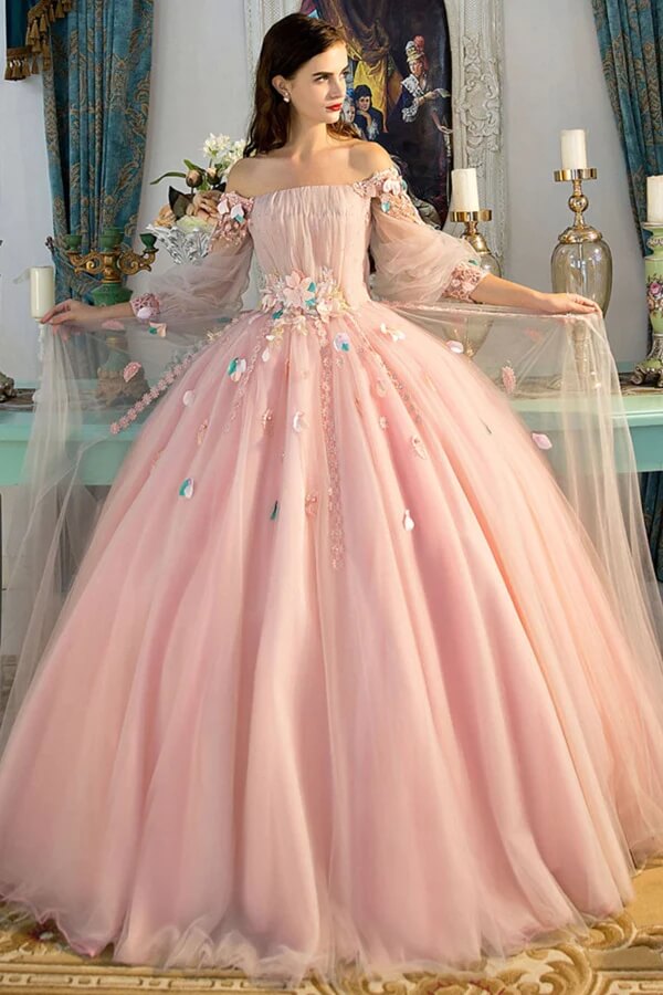 Pink Ball Gown Long Sleeves Off Shoulder Prom Dresses, Quinceanera Dress, PL421 | Promnova US0 / Custom Color Pink Ball Gown Long Sleeves Off Shoulder Prom Dresses, Quinceanera Dress, PL421 | Promnova US0 / Custom Color