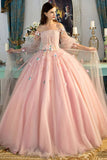 Pink Ball Gown Long Sleeves Off Shoulder Prom Dresses, Quinceanera Dress, PL421 | tulle prom dresses | long prom dresses | floral prom dresses | www.promnova.com