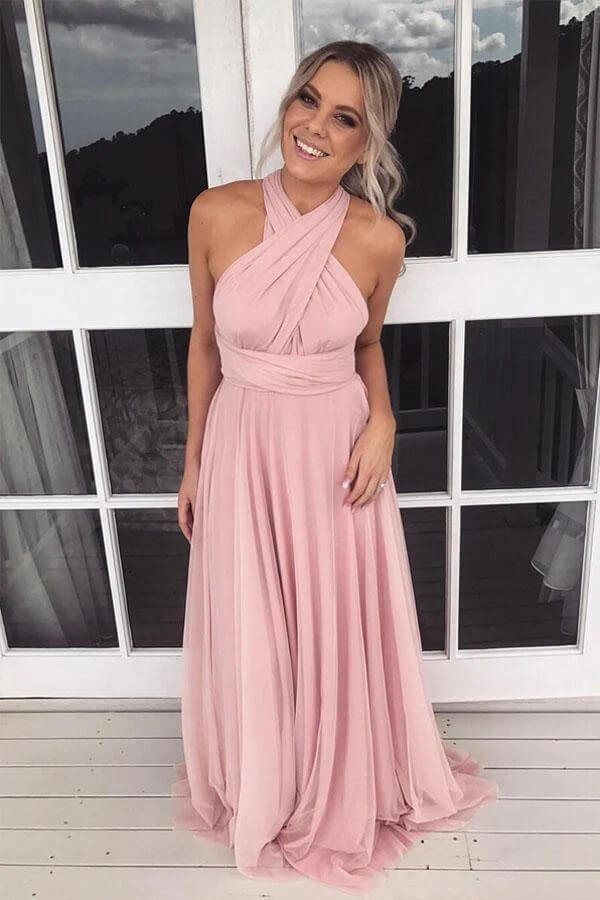 Pink Chiffon A Line Halter Long Bridesmaid Dress PB128 | promnova.com US0 / Custom Color Pink Chiffon A Line Halter Long Bridesmaid Dress PB128 | promnova.com US0 / Custom Color