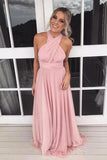 Pink Chiffon A Line Halter Long Bridesmaid Dresses, Wedding Party Dress, PB128
