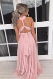 Pink Chiffon A Line Halter Long Bridesmaid Dresses, Wedding Party Dress, PB128 | chiffon bridesmaid dress | budget bridesmaid dress | junior bridesmaid dress | promnova.com