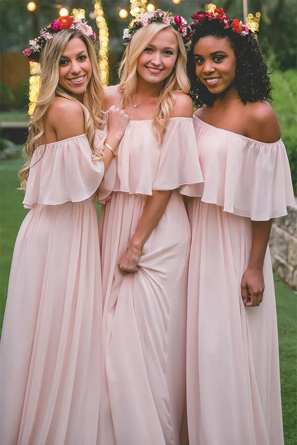 Pink Chiffon A Line Off-the-shoulder Ruffles Cheap Long Bridesmaid Dresses, PB142 | pink bridesmaid dresses | a line bridesmaid dresses | wedding guest dresses | promnova.com