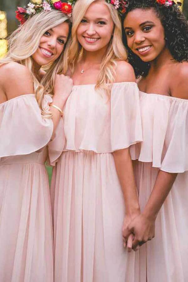 Pink Chiffon A Line Off-the-shoulder Ruffles Cheap Long Bridesmaid Dresses, PB142 | simple bridesmaid dresses | chiffon bridesmaid dresses | cheap bridesmaid dresses online | promnova.com
