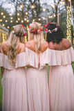 Pink Chiffon A Line Off-the-shoulder Ruffles Cheap Long Bridesmaid Dresses, PB142 | budget bridesmaid dresses | junior bridesmaid dresses | wedding party dresses | promnova.com