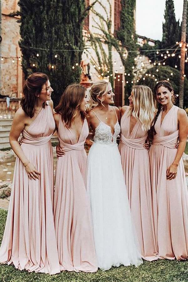 Pink Chiffon A Line V Neck Long Bridesmaid Dresses, Wedding Party Dress,  PB132