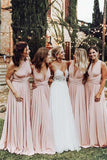 Pink Chiffon A Line V Neck Long Bridesmaid Dresses, Wedding Party Dress, PB132 | pink bridesmaid dress | a line bridesmaid dresses | wedding guest dress | promnova.com