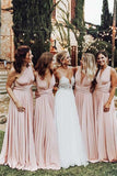 Pink Chiffon A Line V Neck Long Bridesmaid Dresses, Wedding Party Dress, PB132