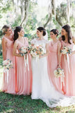Pink Chiffon A Line V Neck Long Bridesmaid Dresses, Wedding Party Dress, PB141